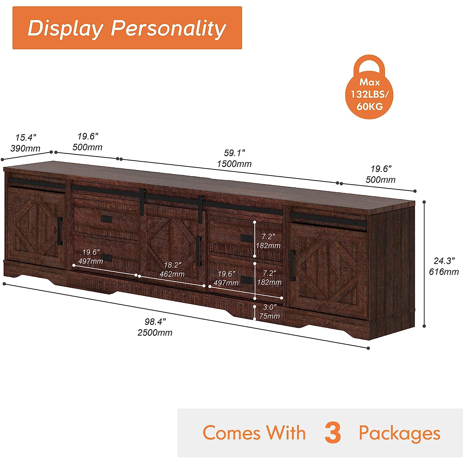 WAMPAT – Meuble moderne de style champêtre pour téléviseur de 110 po ou moins, meuble en bois avec tiroirs et tablette réglable pour salon, brun