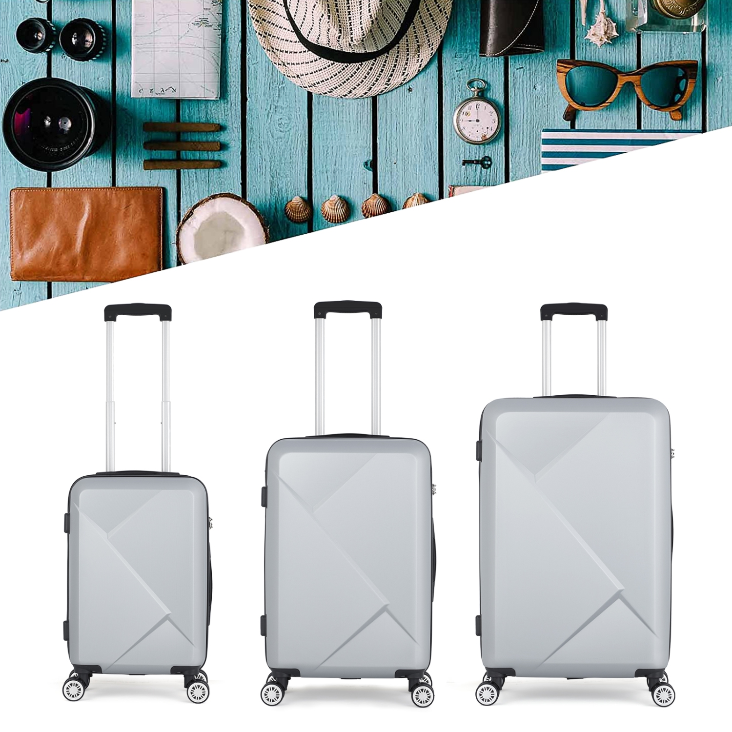 HIKOLAYAE Slab Collection Hardside Spinner Luggage Sets in Argent Silver, 3 Piece - TSA Lock