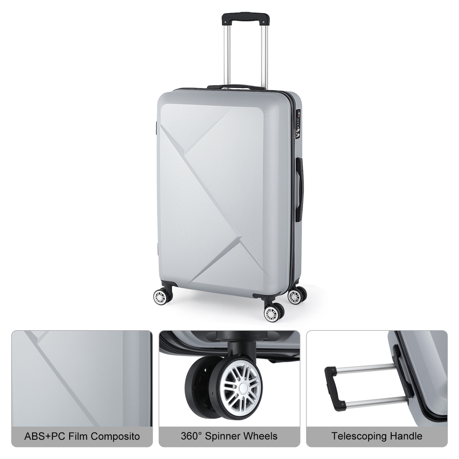 HIKOLAYAE Slab Collection Hardside Spinner Luggage Sets in Argent Silver, 3 Piece - TSA Lock