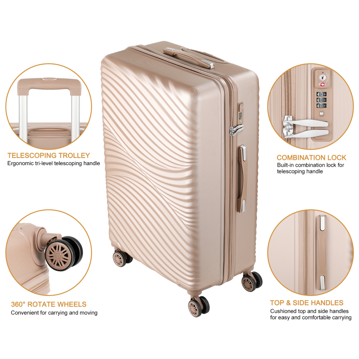 Ensembles de valises rigides à roulettes pivotantes de la collection Wave de HIKOLAYAE, poussière dorée, 3 pièces, verrou TSA