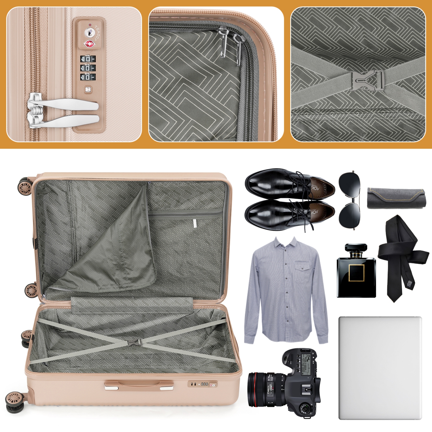 Ensembles de valises rigides à roulettes pivotantes de la collection Wave de HIKOLAYAE, poussière dorée, 3 pièces, verrou TSA