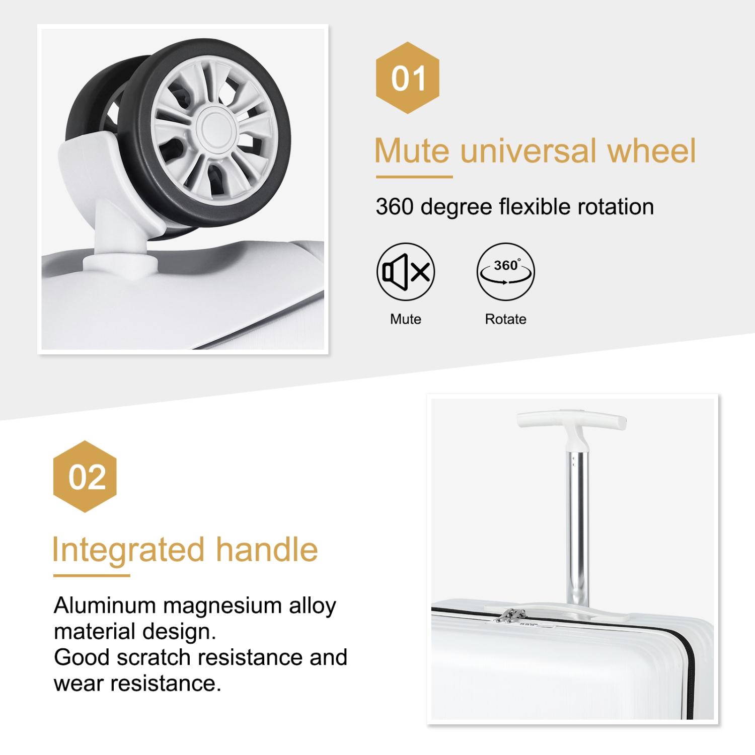 Ensembles de valises rigides à roulettes pivotantes HIKOLAYAE, collection Mesa, blanc, 3 pièces, verrou approuvé par la TSA