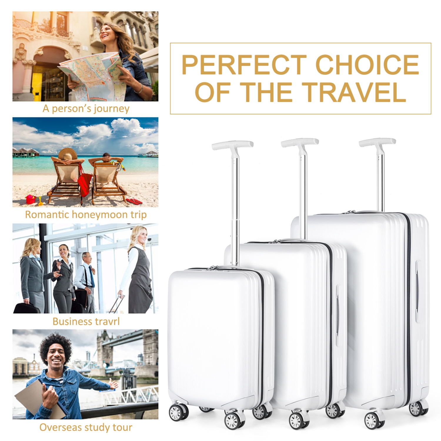 Ensembles de valises rigides à roulettes pivotantes HIKOLAYAE, collection Mesa, blanc, 3 pièces, verrou approuvé par la TSA