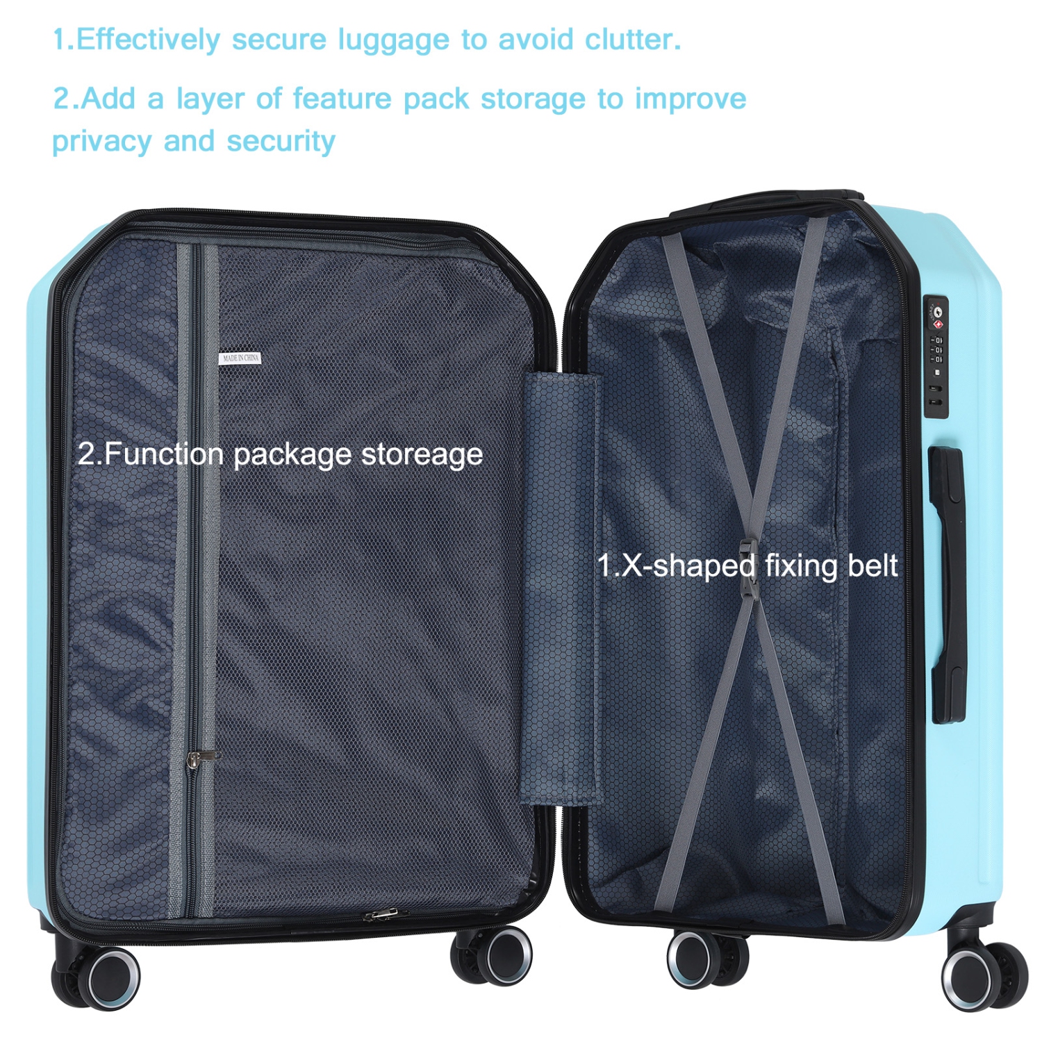 Ensembles de valises rigides à roulettes pivotantes HIKOLAYAE CottonCandy, bleu azur, 3 pièces, verrou TSA