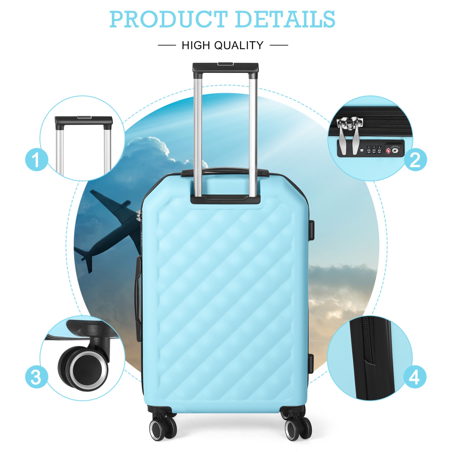 Ensembles de valises rigides à roulettes pivotantes HIKOLAYAE CottonCandy, bleu azur, 3 pièces, verrou TSA