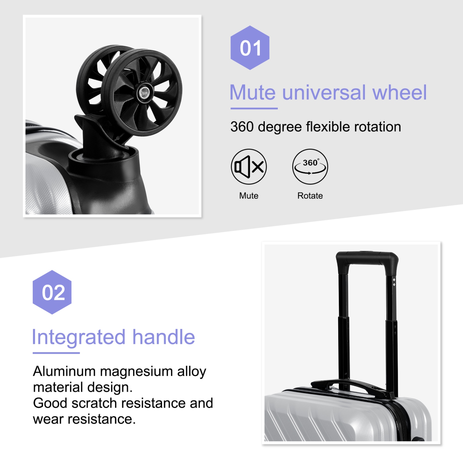 Bagage de cabine HIKOLAYAE, valise rigide 20 po à roulettes pivotantes ABS avec verrou - flèche argentée