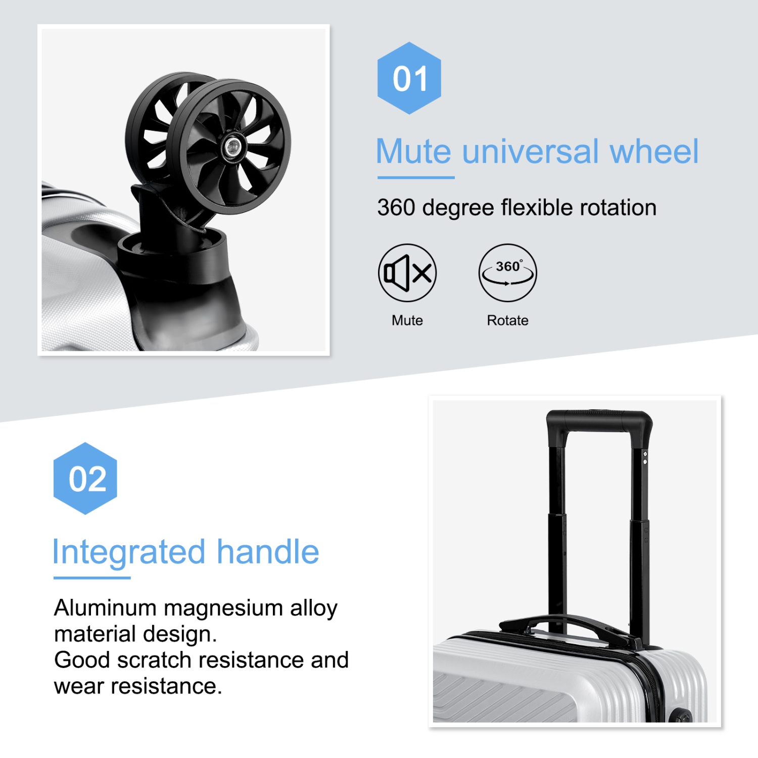 Bagage de cabine rigide HIKOLAYAE, valise 20 po à roulettes pivotantes ABS avec verrou - Crossroad argenté