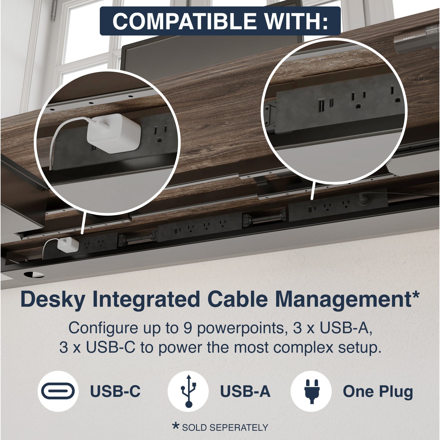 Desky Under Desk Cable Management Channel 3 Plugs