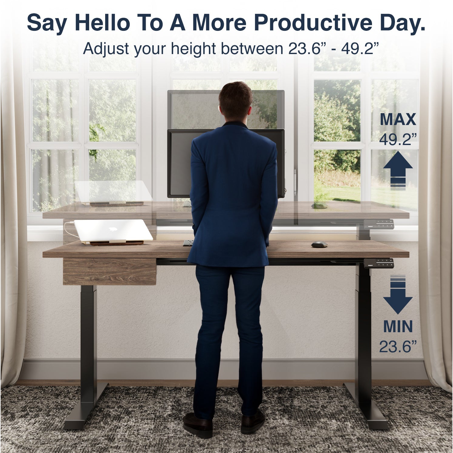 Desky Dual Laminate Sit Stand Desk - Black / Grey Standing Computer Desk For Home Office & Study 47.2" x 29.5"