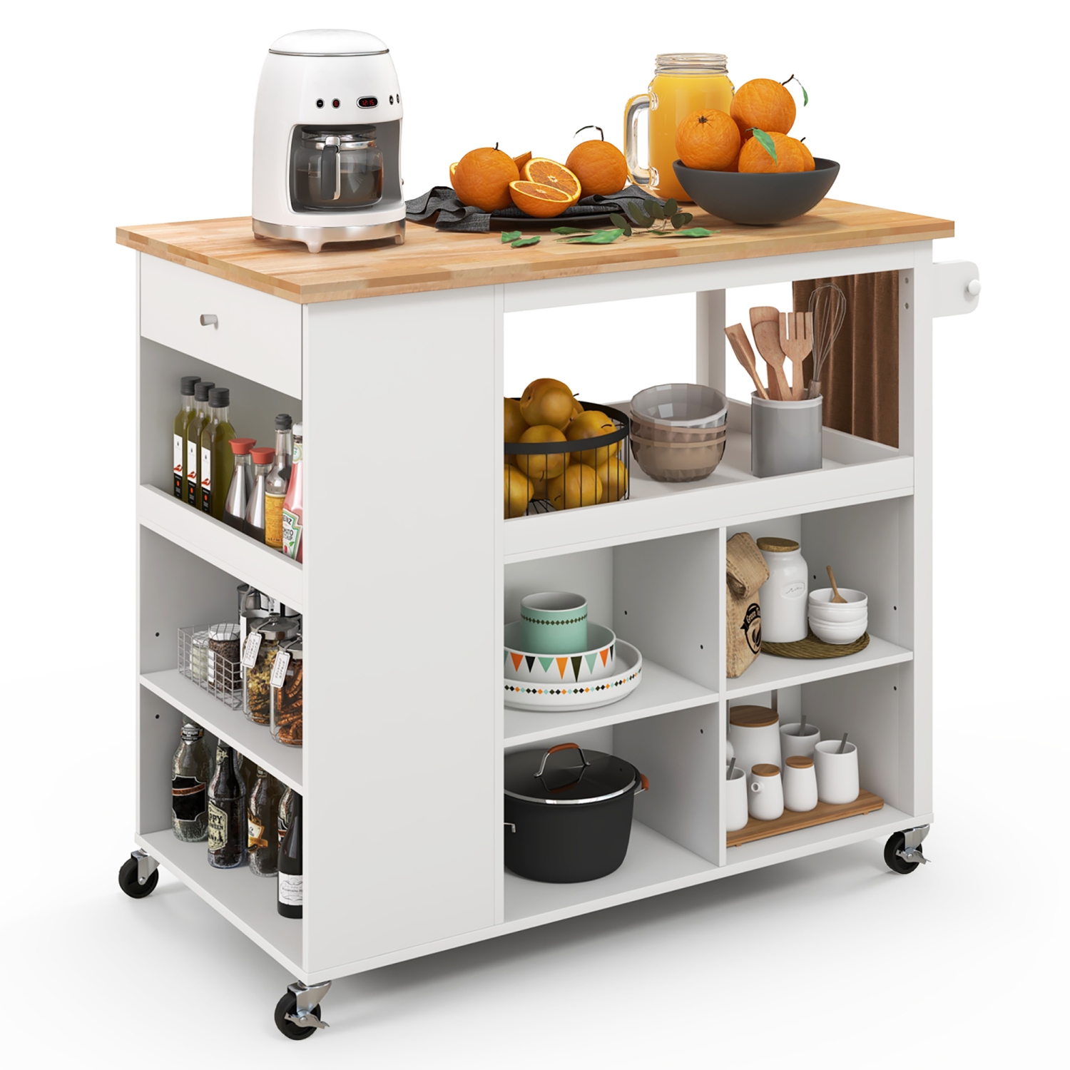 Costway Kitchen Island Trolley Cart on Wheels with Storage Open Shelves & Drawer