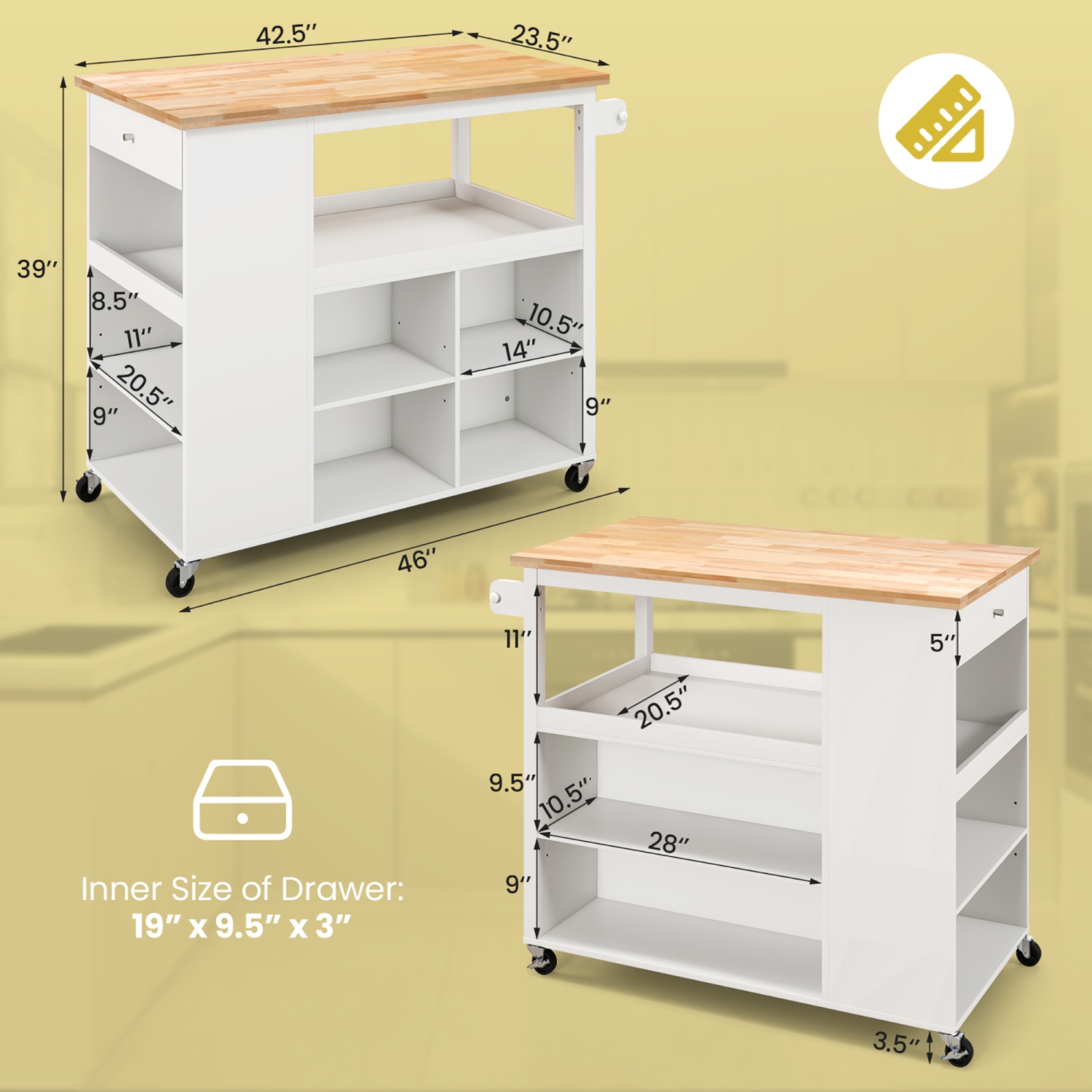 Costway Kitchen Island Trolley Cart on Wheels with Storage Open Shelves & Drawer