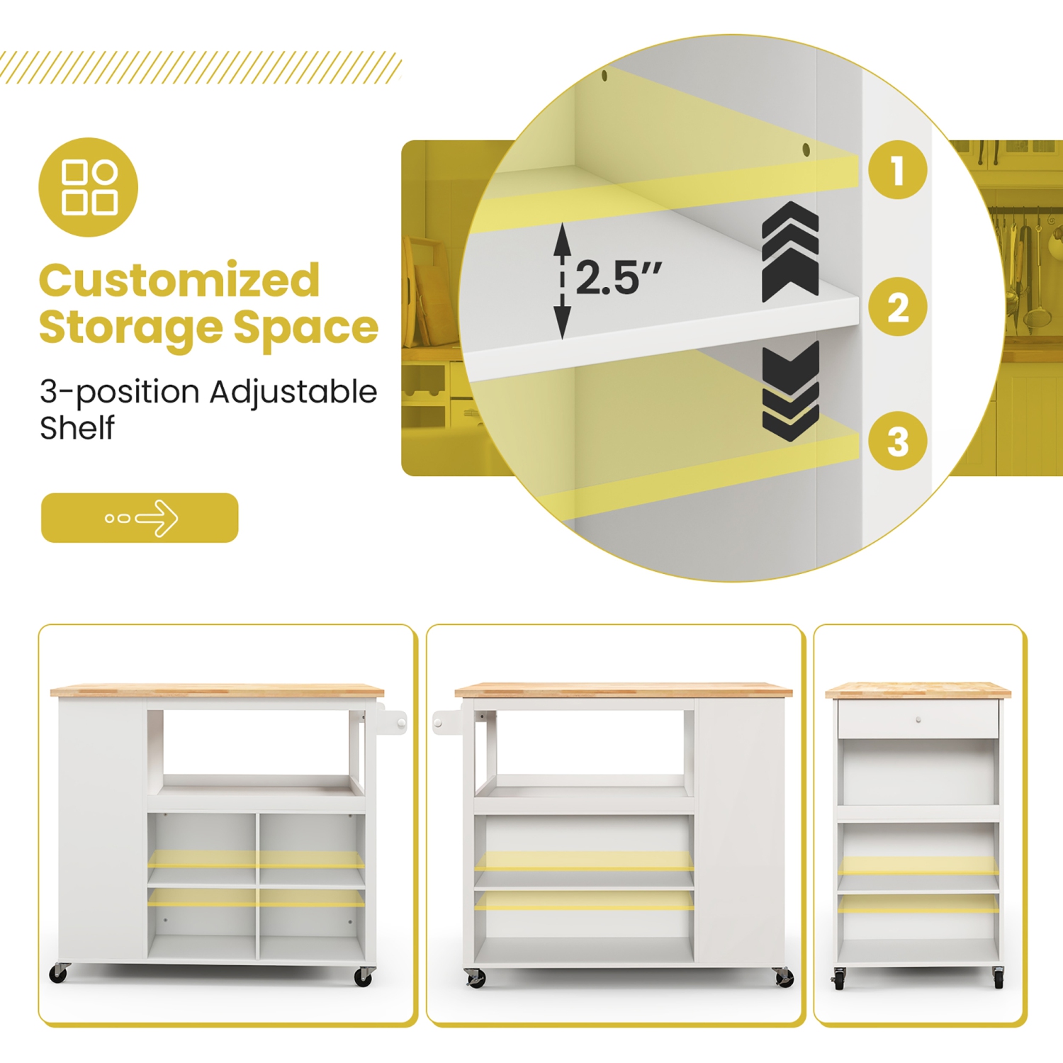 Costway Kitchen Island Trolley Cart on Wheels with Storage Open Shelves & Drawer