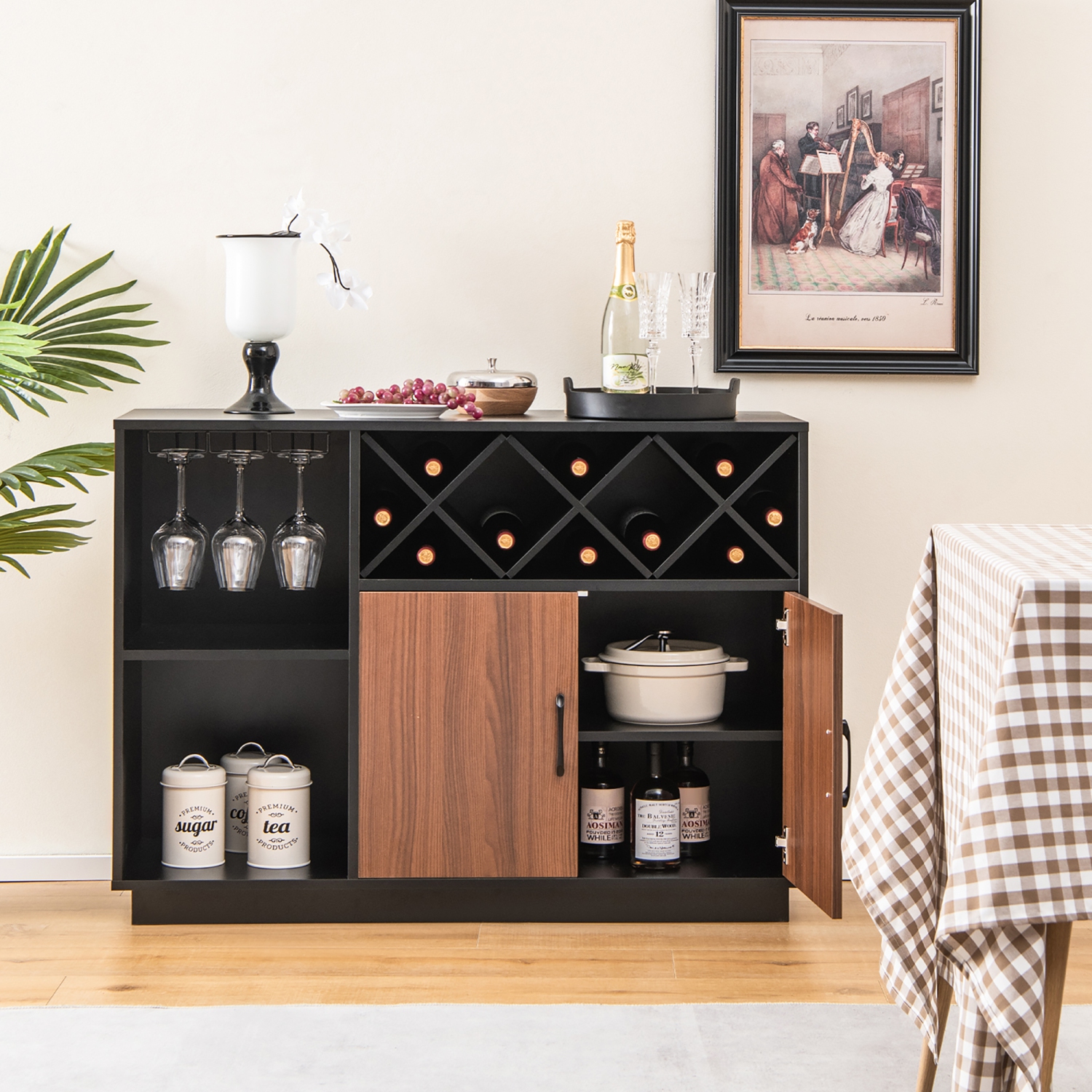 Costway Industrial Wine Bar Cabinet Sideboard Buffet with Glass Holder & Adjustable Shelf