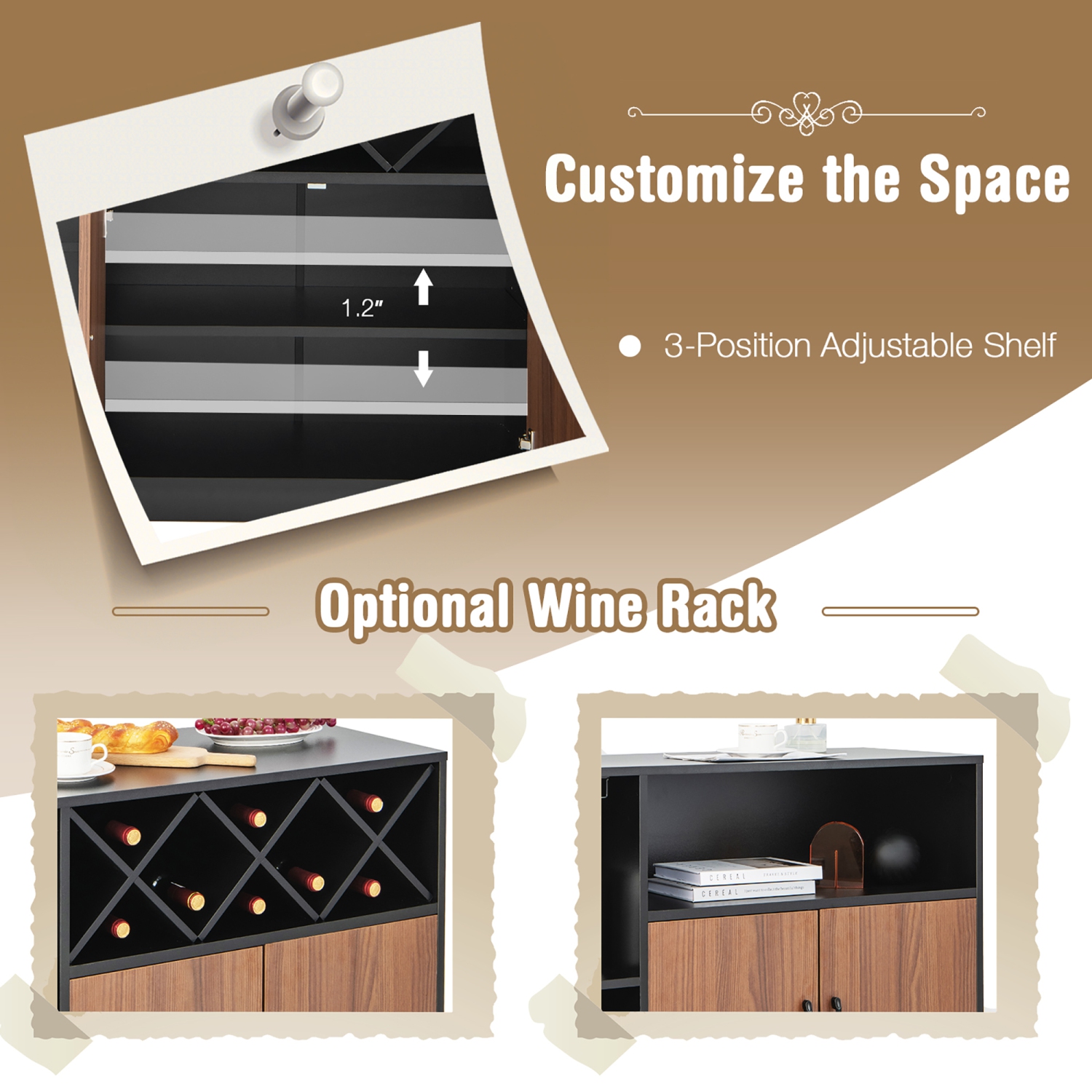 Costway Industrial Wine Bar Cabinet Sideboard Buffet with Glass Holder & Adjustable Shelf