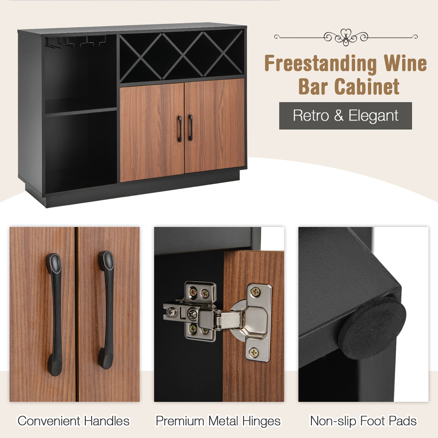Costway Industrial Wine Bar Cabinet Sideboard Buffet with Glass Holder & Adjustable Shelf