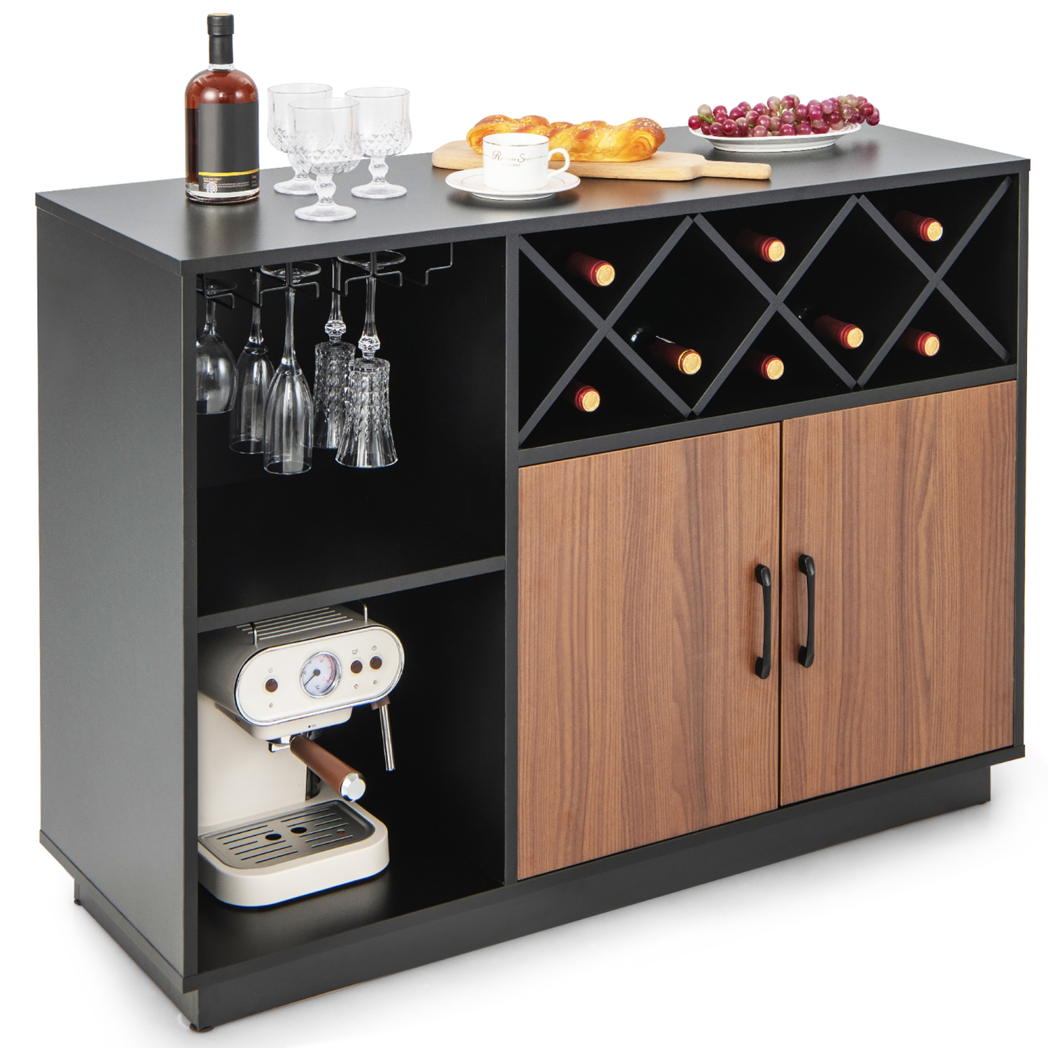 Costway Industrial Wine Bar Cabinet Sideboard Buffet with Glass Holder & Adjustable Shelf