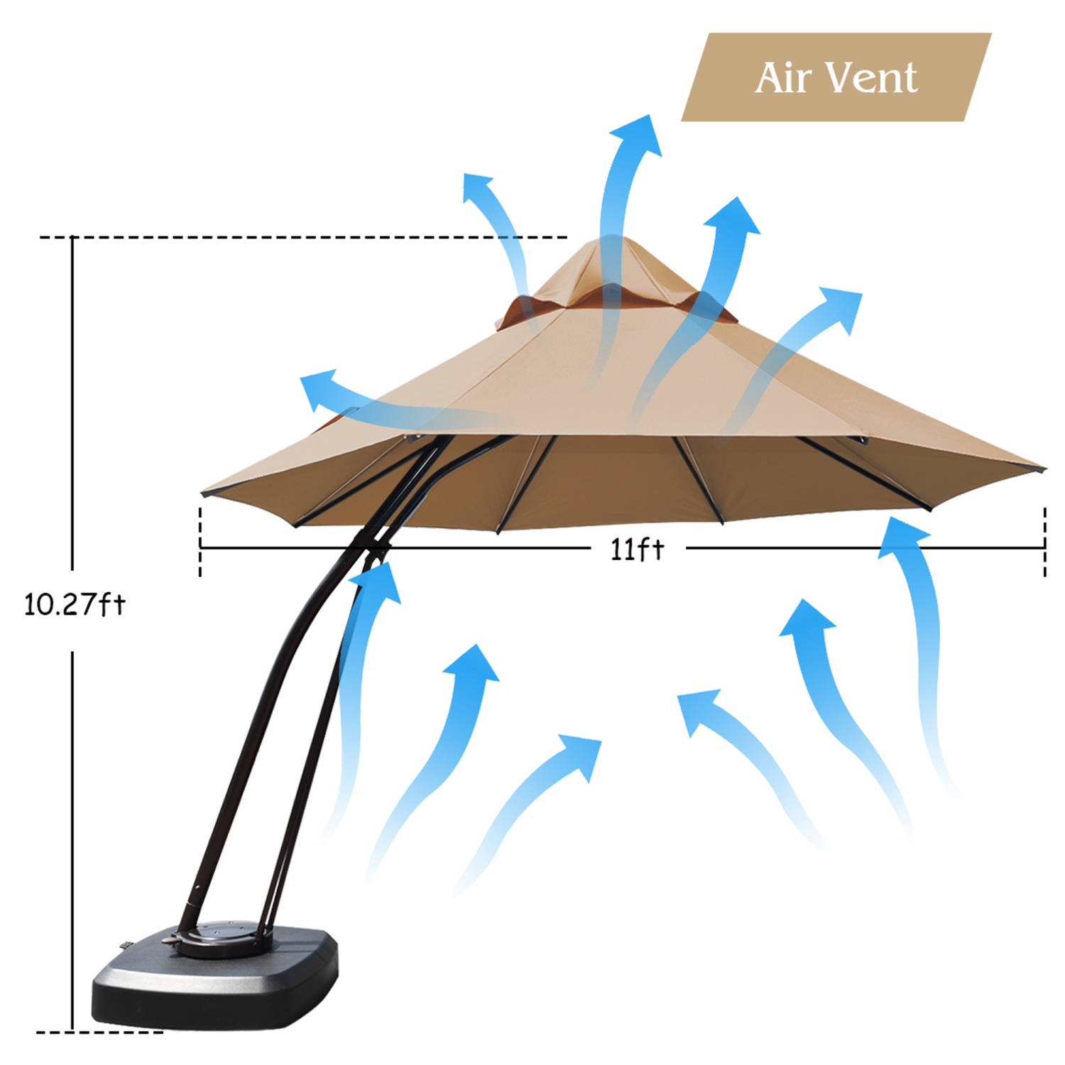 Topbuy 11ft Cantilever Offset Hanging 360°Rotation Patio Umbrella with Umbrella Base