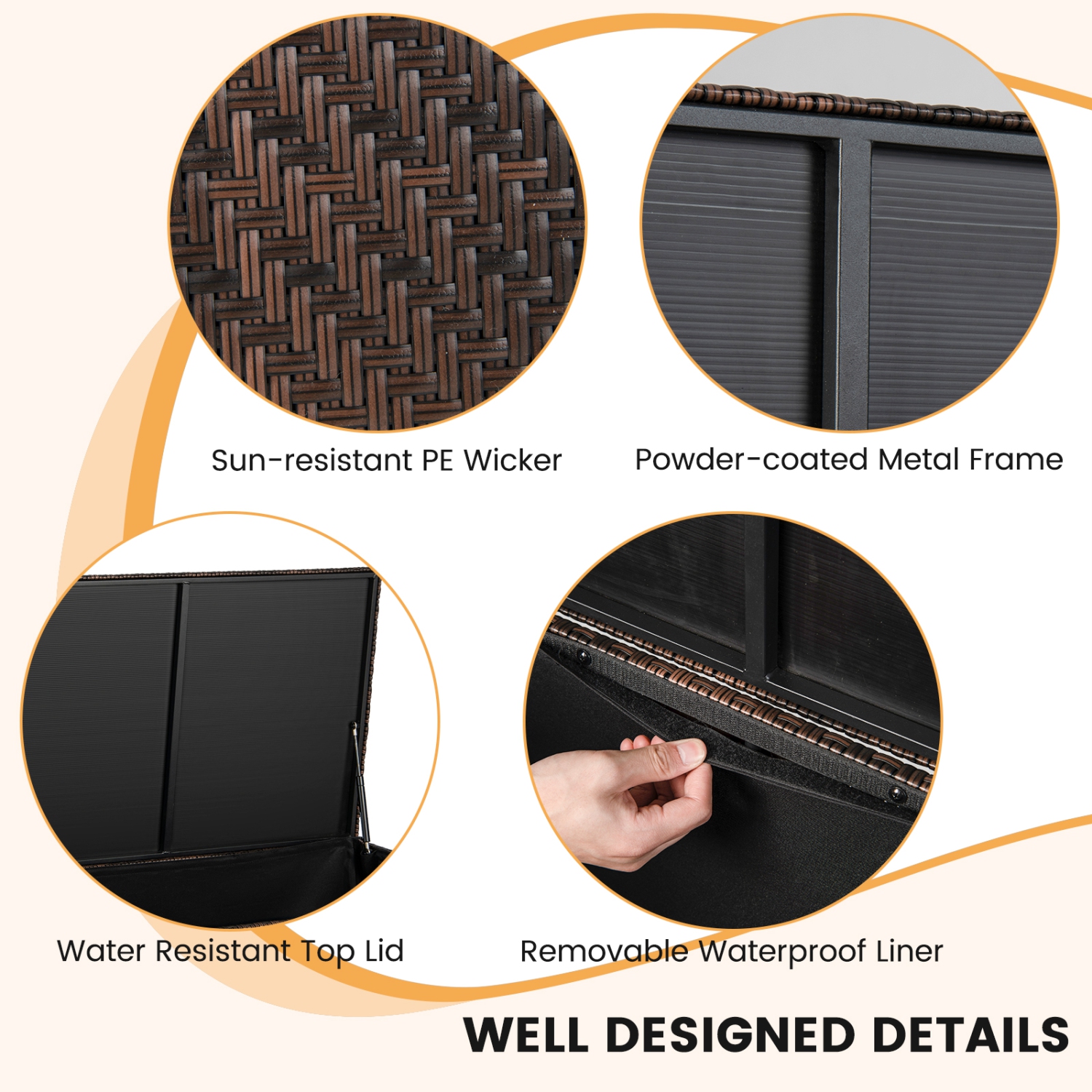 Topbuy 96 Gallon Outdoor Storage Box PE Wicker Deck Box with 4 Wheels & Waterproof Liner Patio Rattan Storage Container Mix Brown/Mix Grey