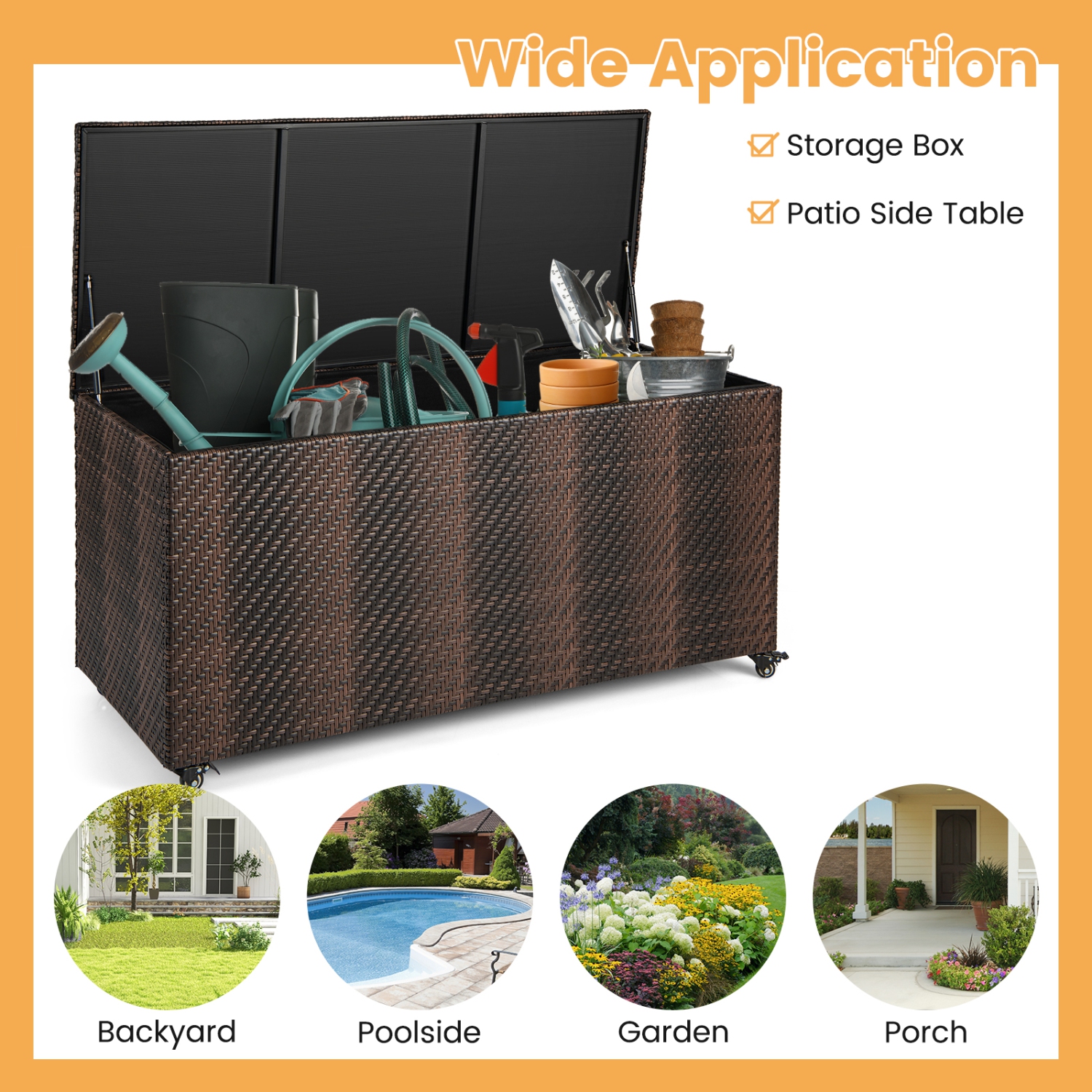 Topbuy 96 Gallon Outdoor Storage Box PE Wicker Deck Box with 4 Wheels & Waterproof Liner Patio Rattan Storage Container Mix Brown/Mix Grey