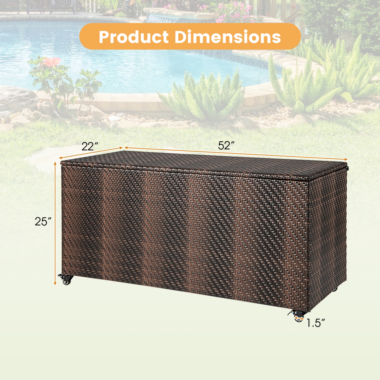 Topbuy 96 Gallon Outdoor Storage Box PE Wicker Deck Box with 4 Wheels & Waterproof Liner Patio Rattan Storage Container Mix Brown/Mix Grey