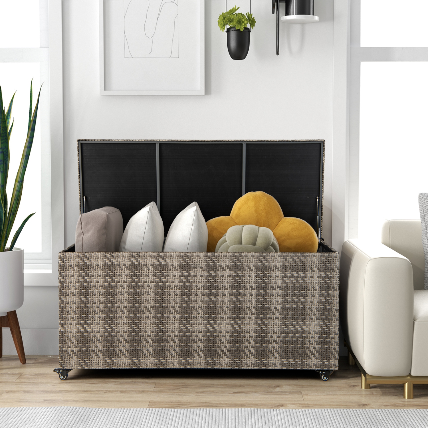 Topbuy 96 Gallon Outdoor Storage Box PE Wicker Deck Box with 4 Wheels & Waterproof Liner Patio Rattan Storage Container Mix Brown/Mix Grey