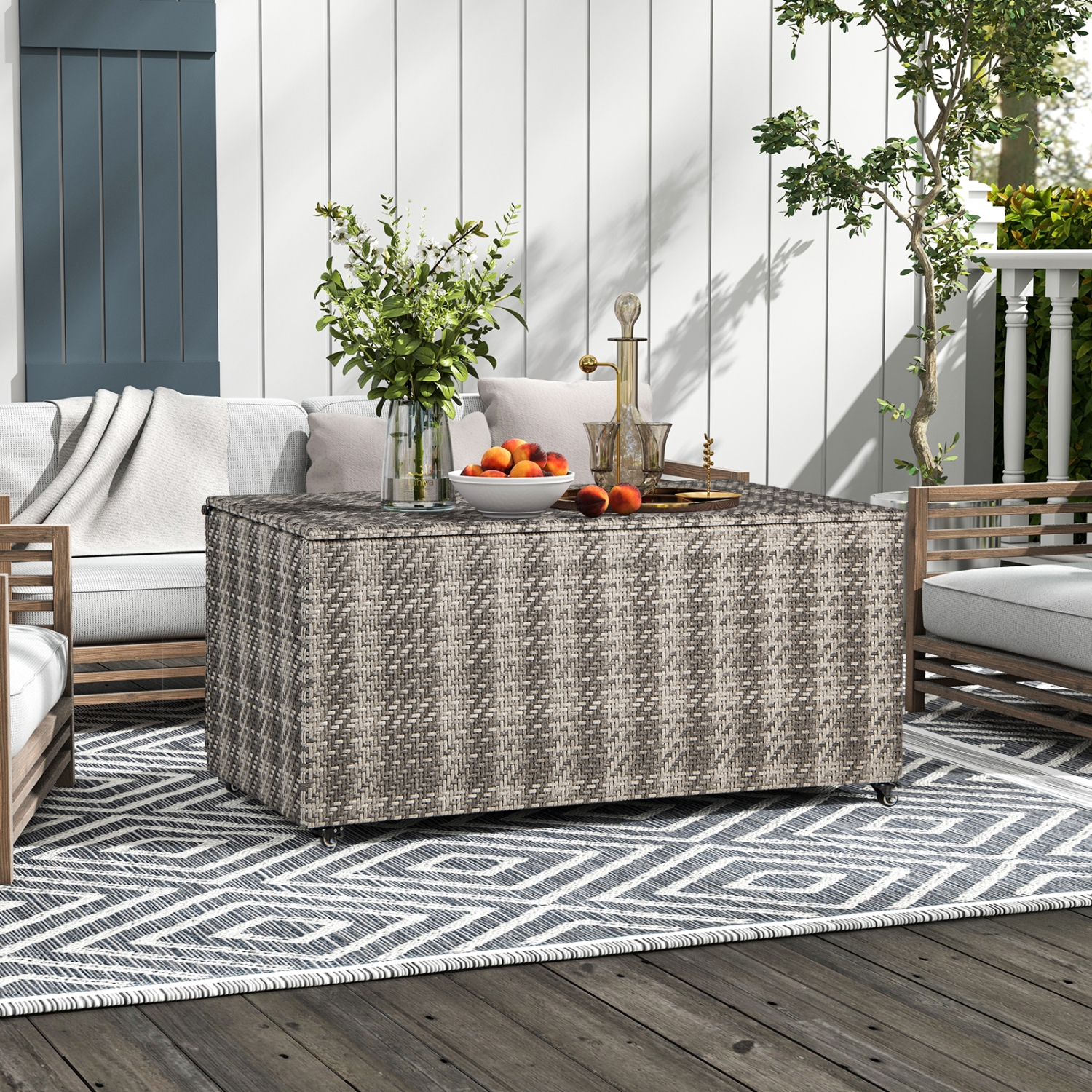 Topbuy 96 Gallon Outdoor Storage Box PE Wicker Deck Box with 4 Wheels & Waterproof Liner Patio Rattan Storage Container Mix Brown/Mix Grey