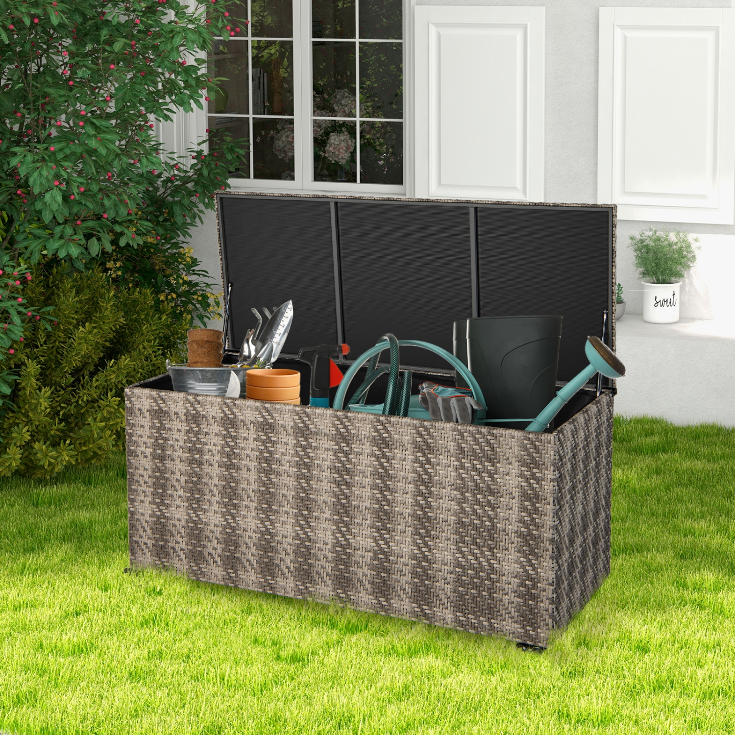 Topbuy 96 Gallon Outdoor Storage Box PE Wicker Deck Box with 4 Wheels & Waterproof Liner Patio Rattan Storage Container Mix Brown/Mix Grey