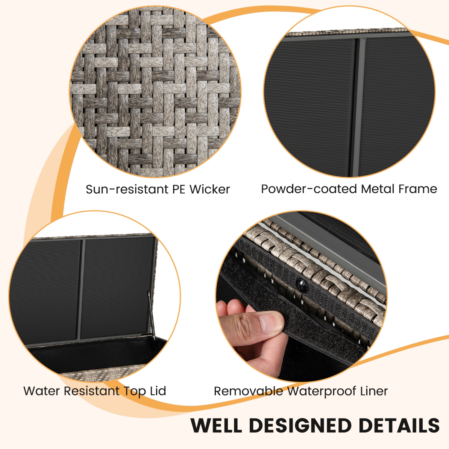 Topbuy 96 Gallon Outdoor Storage Box PE Wicker Deck Box with 4 Wheels & Waterproof Liner Patio Rattan Storage Container Mix Brown/Mix Grey