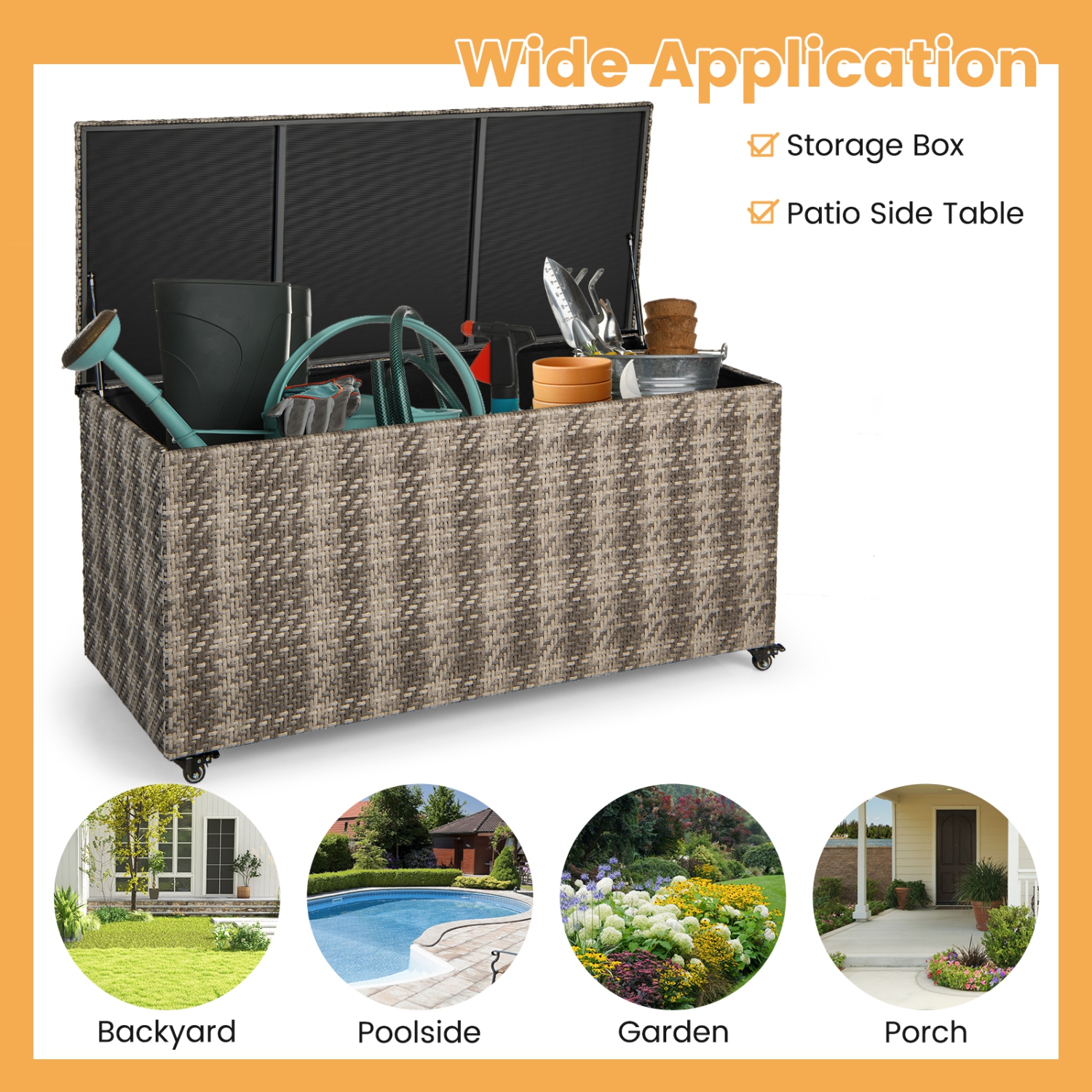 Topbuy 96 Gallon Outdoor Storage Box PE Wicker Deck Box with 4 Wheels & Waterproof Liner Patio Rattan Storage Container Mix Brown/Mix Grey