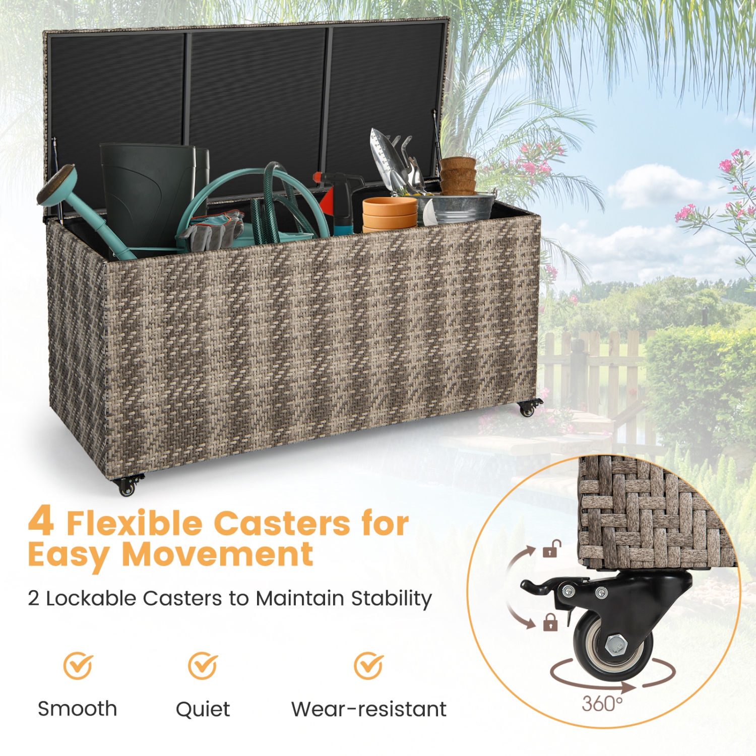 Topbuy 96 Gallon Outdoor Storage Box PE Wicker Deck Box with 4 Wheels & Waterproof Liner Patio Rattan Storage Container Mix Brown/Mix Grey