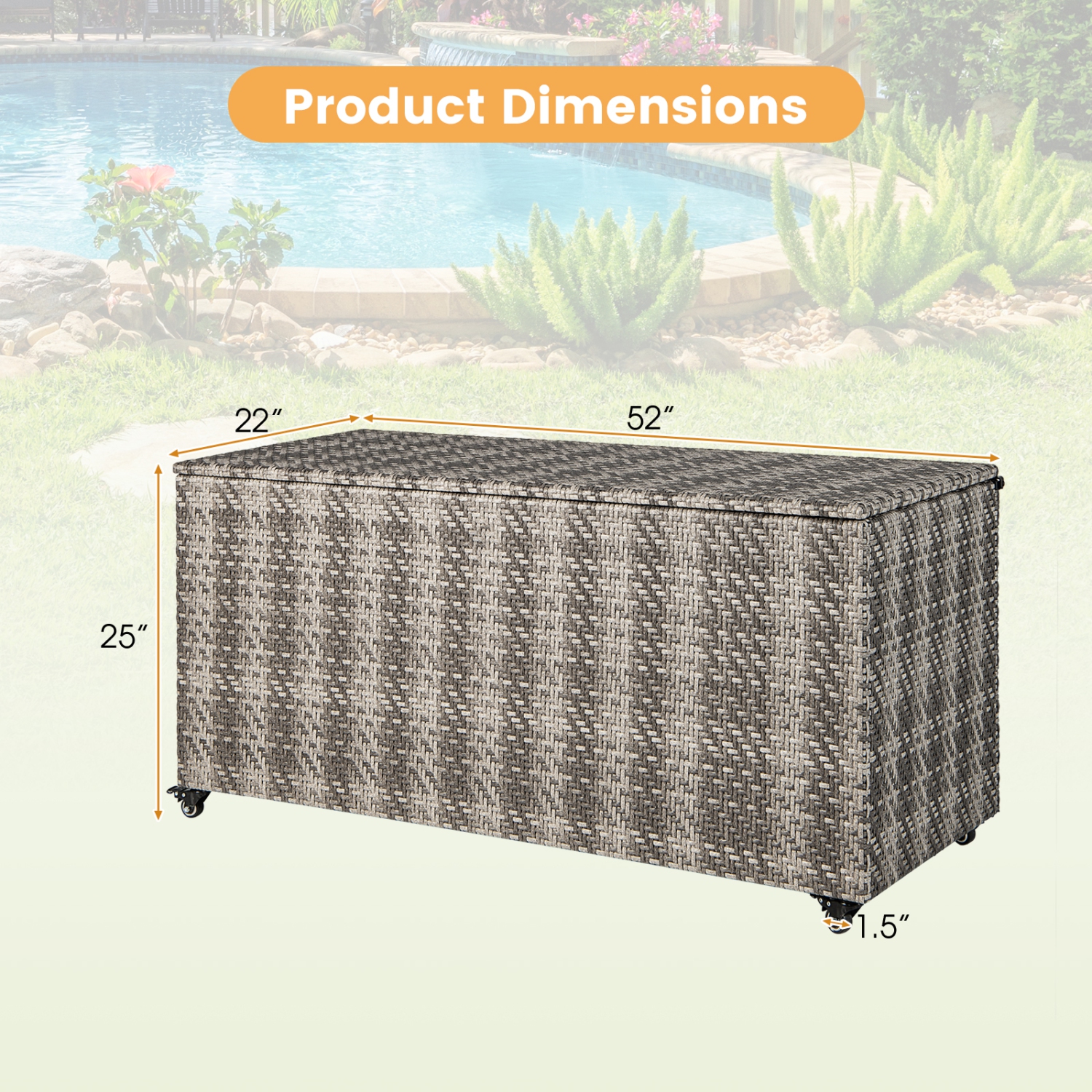 Topbuy 96 Gallon Outdoor Storage Box PE Wicker Deck Box with 4 Wheels & Waterproof Liner Patio Rattan Storage Container Mix Brown/Mix Grey