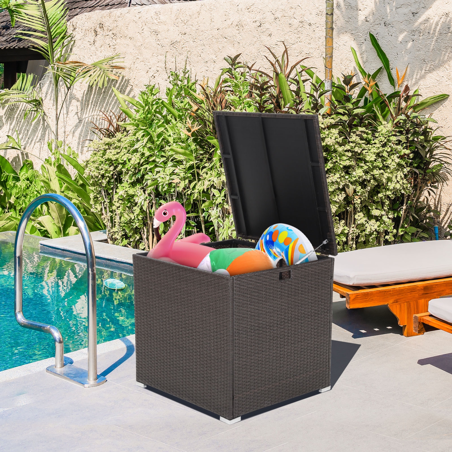 Topbuy 72 Gallon Deck Box Outdoor Mix Brown Wicker Storage Box with Waterproof Zippered Liner and Safe Pneumatic Rod