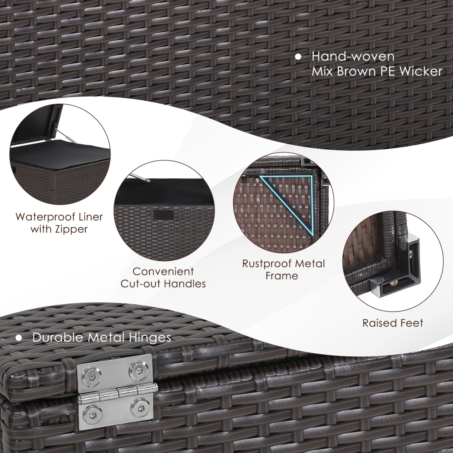 Topbuy 72 Gallon Deck Box Outdoor Mix Brown Wicker Storage Box with Waterproof Zippered Liner and Safe Pneumatic Rod