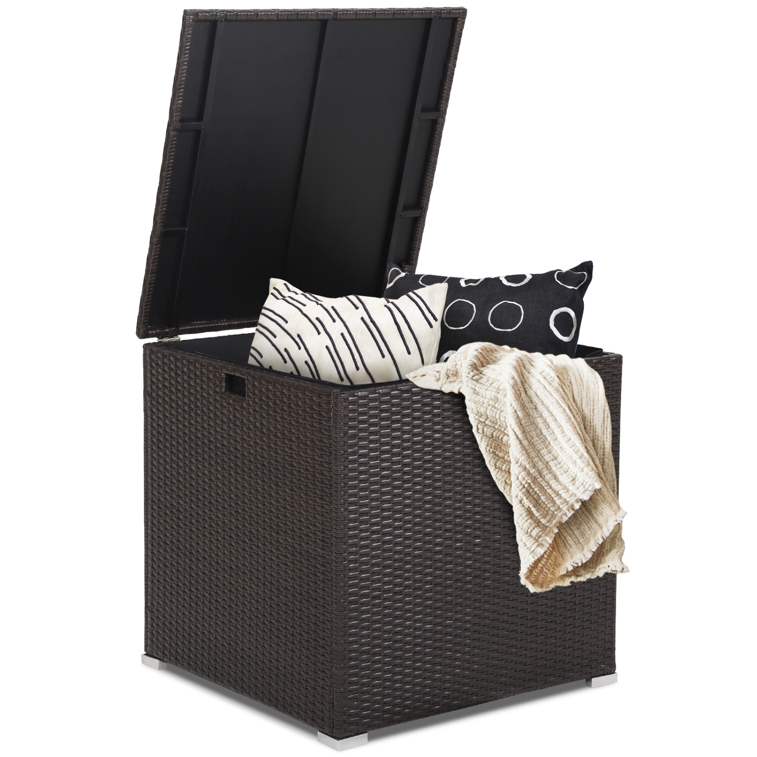 Topbuy 72 Gallon Deck Box Outdoor Mix Brown Wicker Storage Box with Waterproof Zippered Liner and Safe Pneumatic Rod