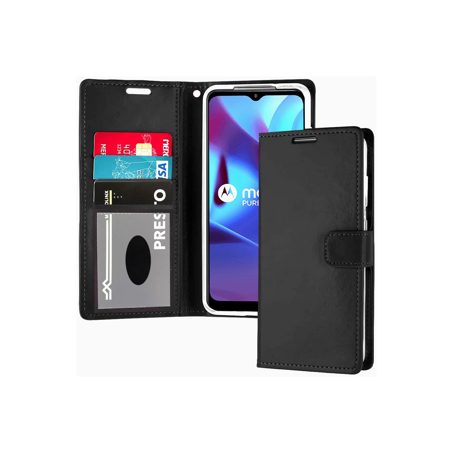 XCRS Folio Magnetic Wallet Cover, PU Leather Pouch with Card Slot and Stand Case for Motorola Moto E/E (2020).
