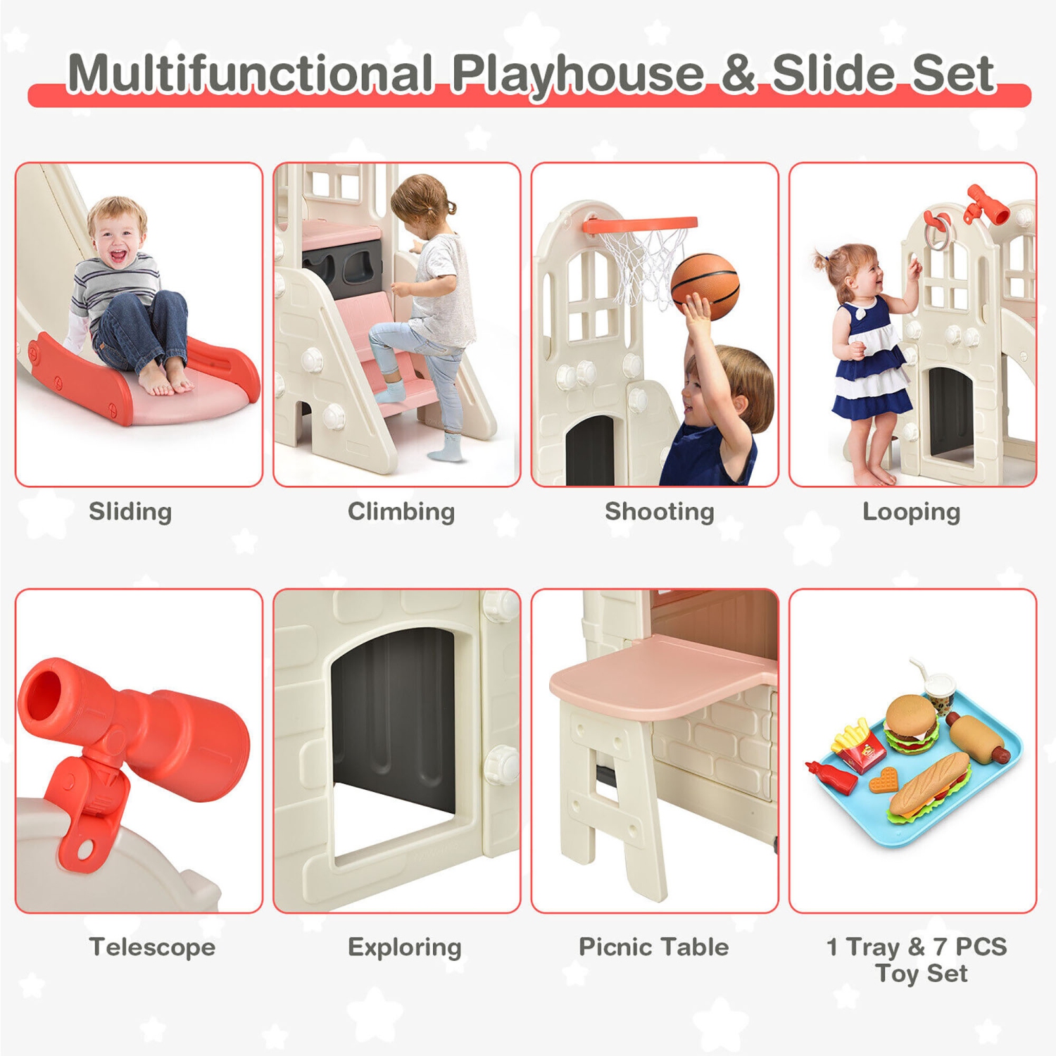 Gymax Outdoor Play house and Slide Set for Kids w/ 7 PCS Toy Set & Waterproof Cover Pink