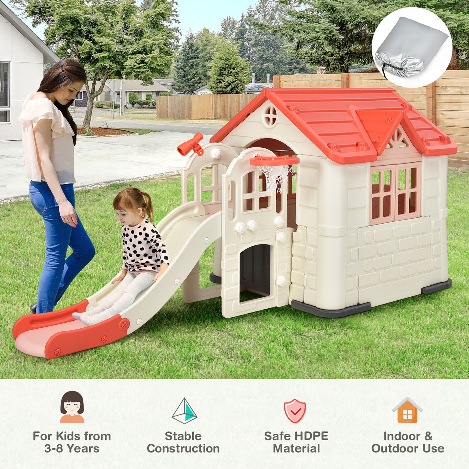 Gymax Outdoor Play house and Slide Set for Kids w/ 7 PCS Toy Set & Waterproof Cover Pink