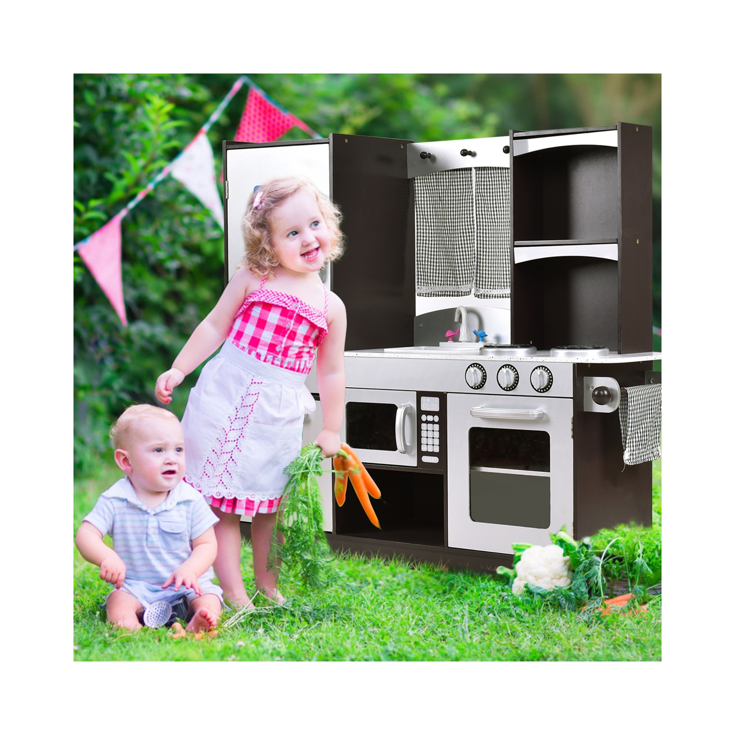 Gymax Kids Cooking Pretend Play Toy Wooden Kitchen Set Children Playset Vintage