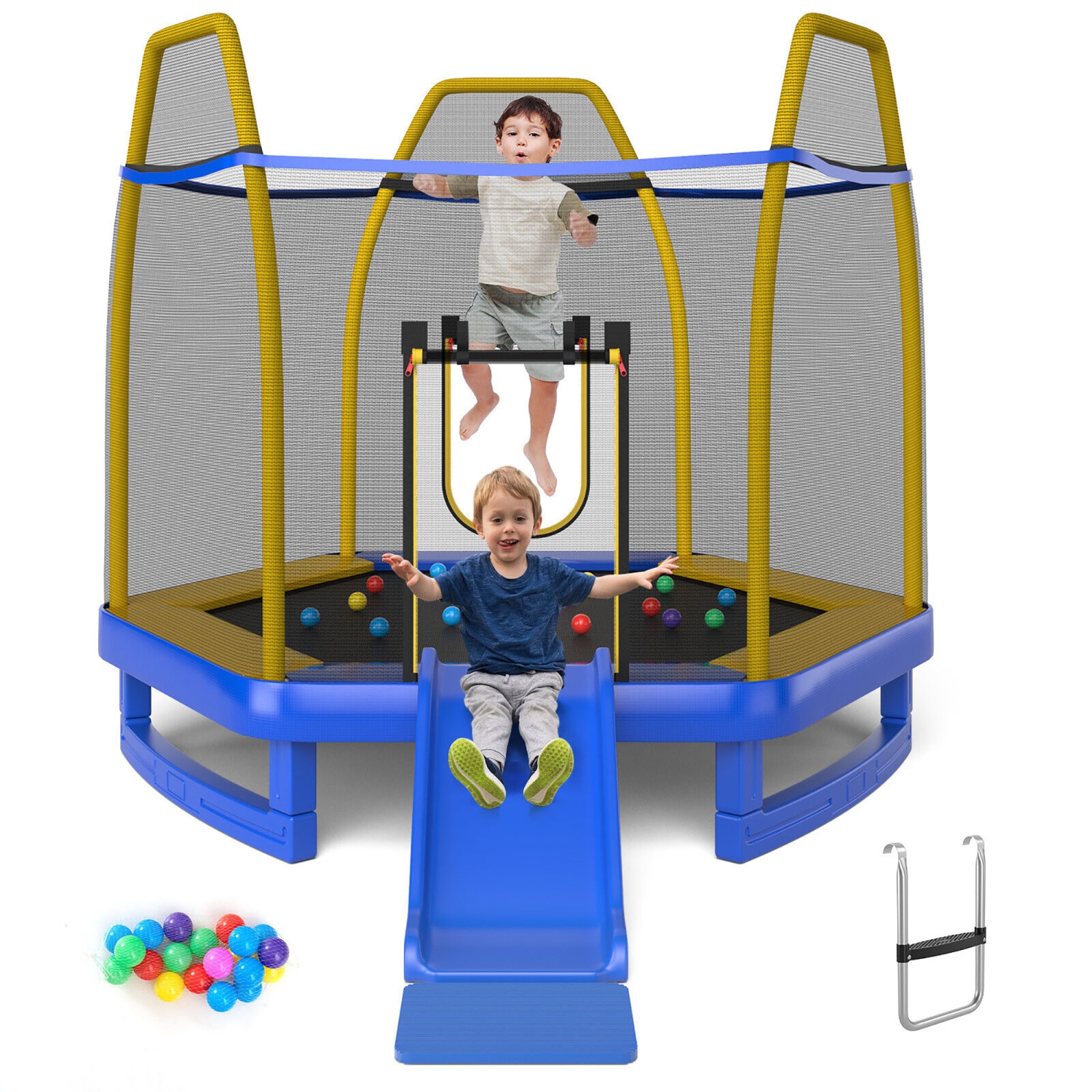 Gymax 7FT Kids Recreational Trampoline w/ Ladder & Slide Ocean Ball Indoor Outdoor ASTM