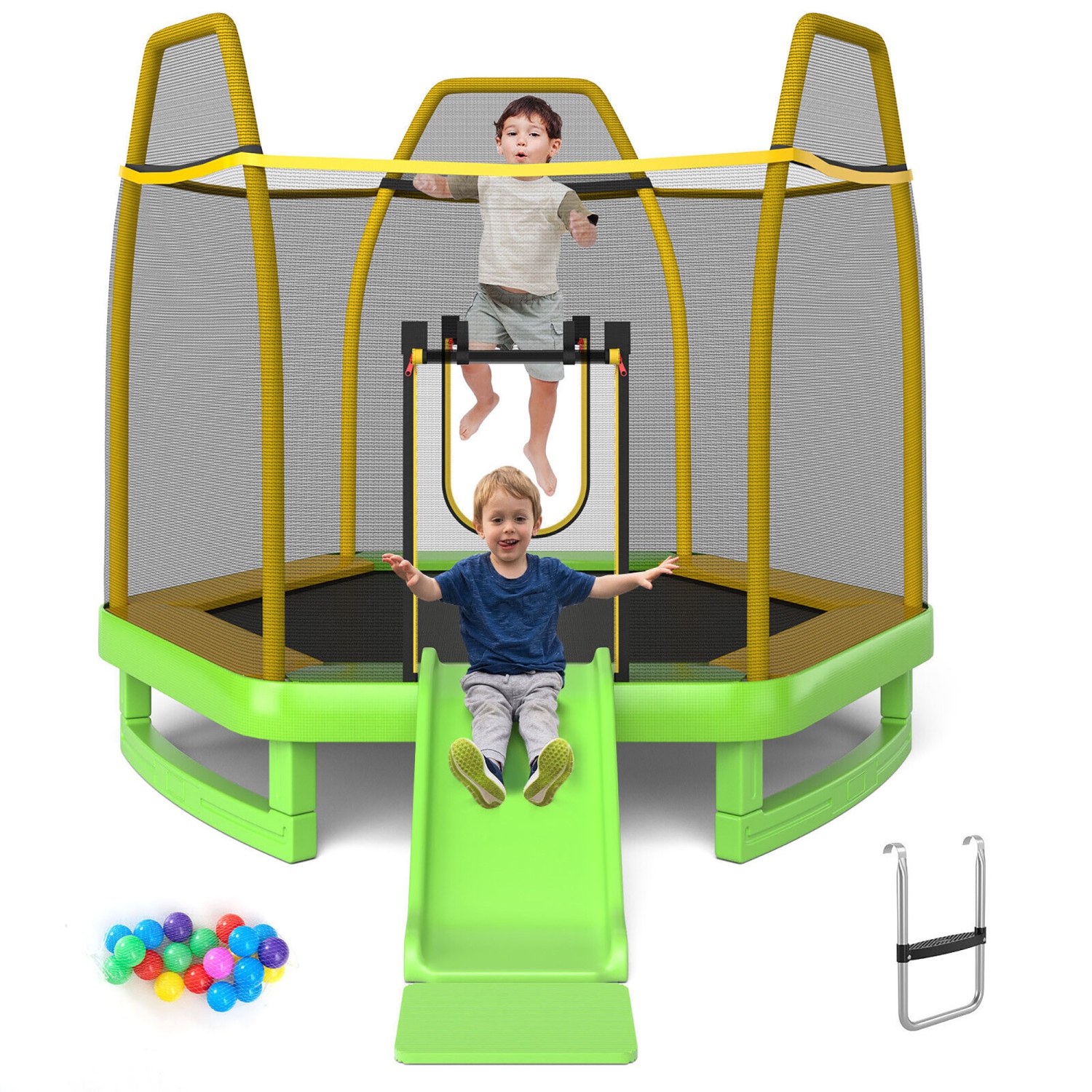 Gymax 7FT Kids Recreational Trampoline w/ Ladder & Slide Ocean Ball Indoor Outdoor