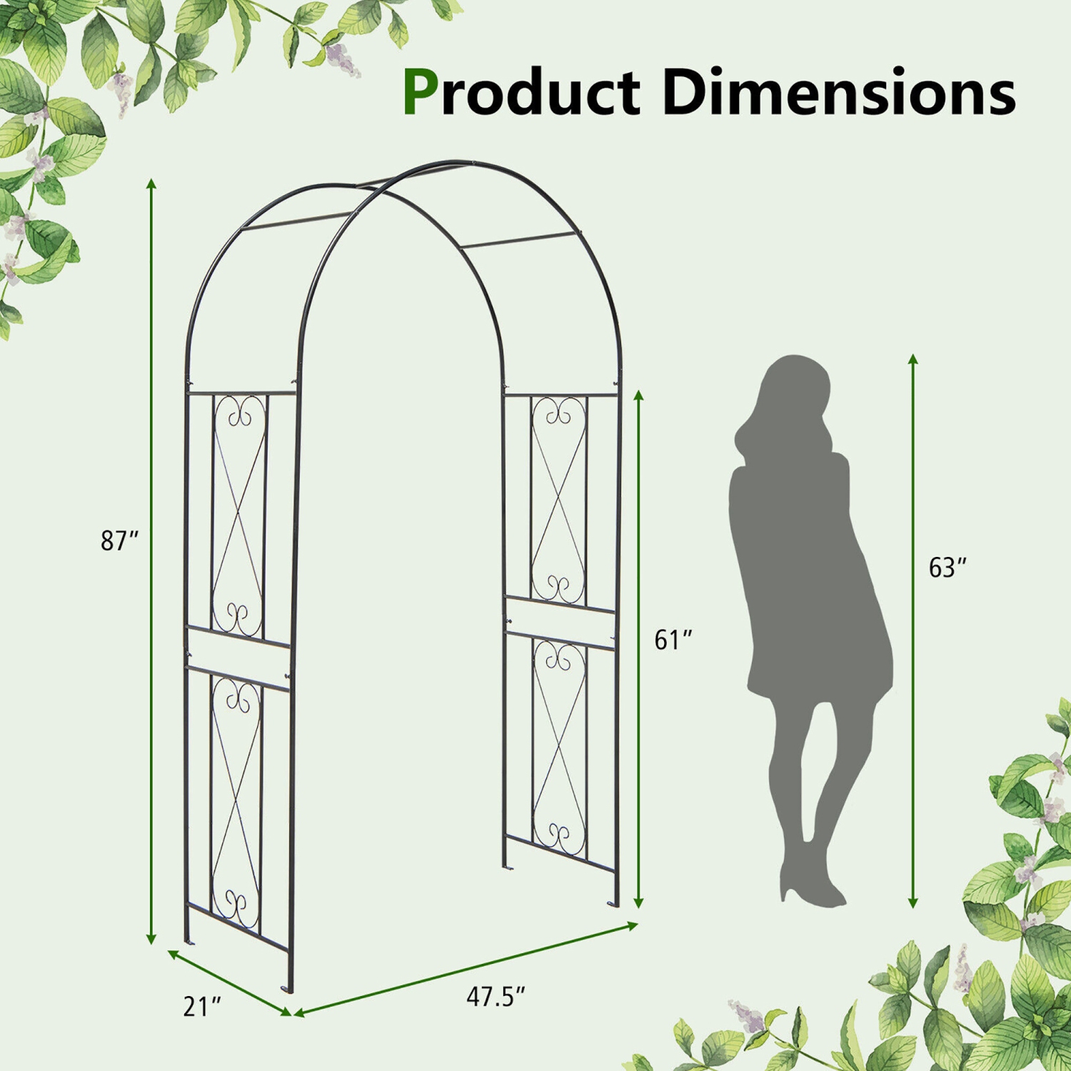 Gymax Garden Arch Arbor Trellis 7.2 ft Metal Archway Patio Pergola for Climbing Plants