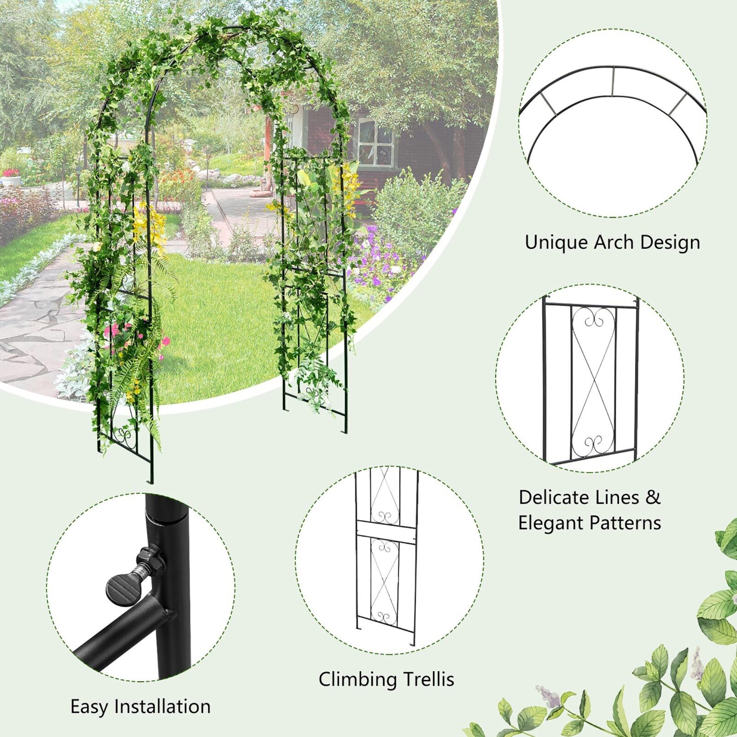 Gymax Garden Arch Arbor Trellis 7.2 ft Metal Archway Patio Pergola for Climbing Plants