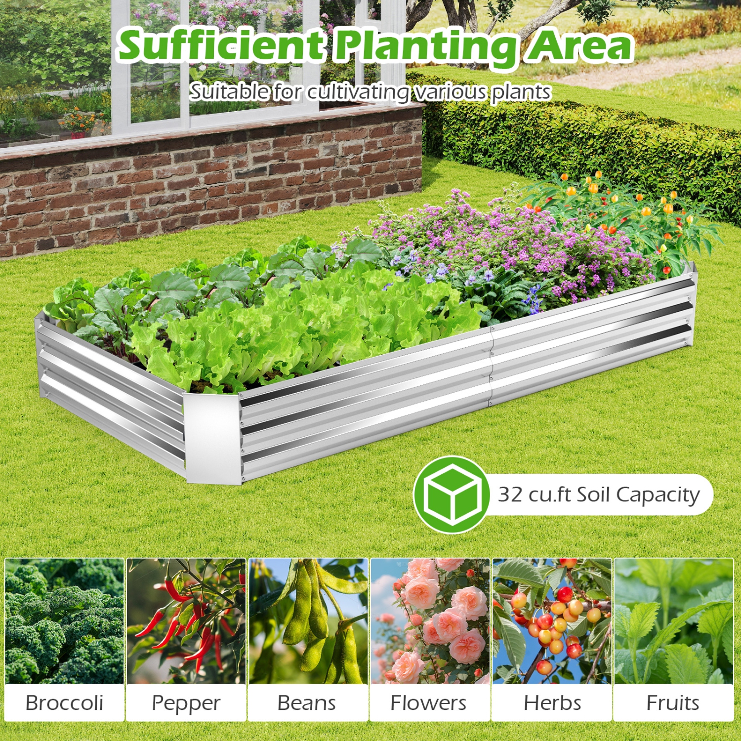 Gymax 2PCS Galvanized Raised Garden Bed Elevated Rectangle Plant Box 8 x 4 x 1FT