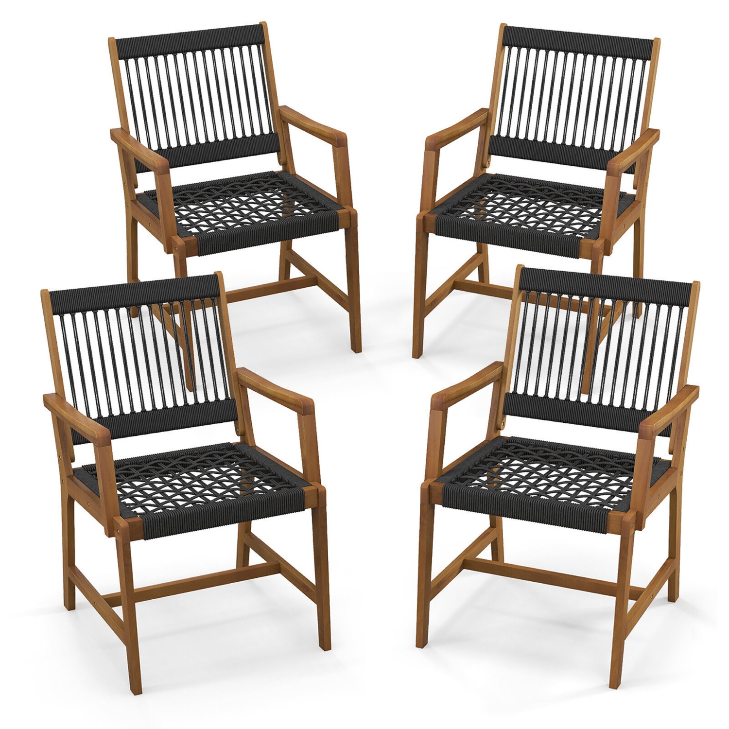 Gymax Patio 4PCS Acacia Wood Dining Chairs All-Weather Rope Woven Armchairs Outdoor
