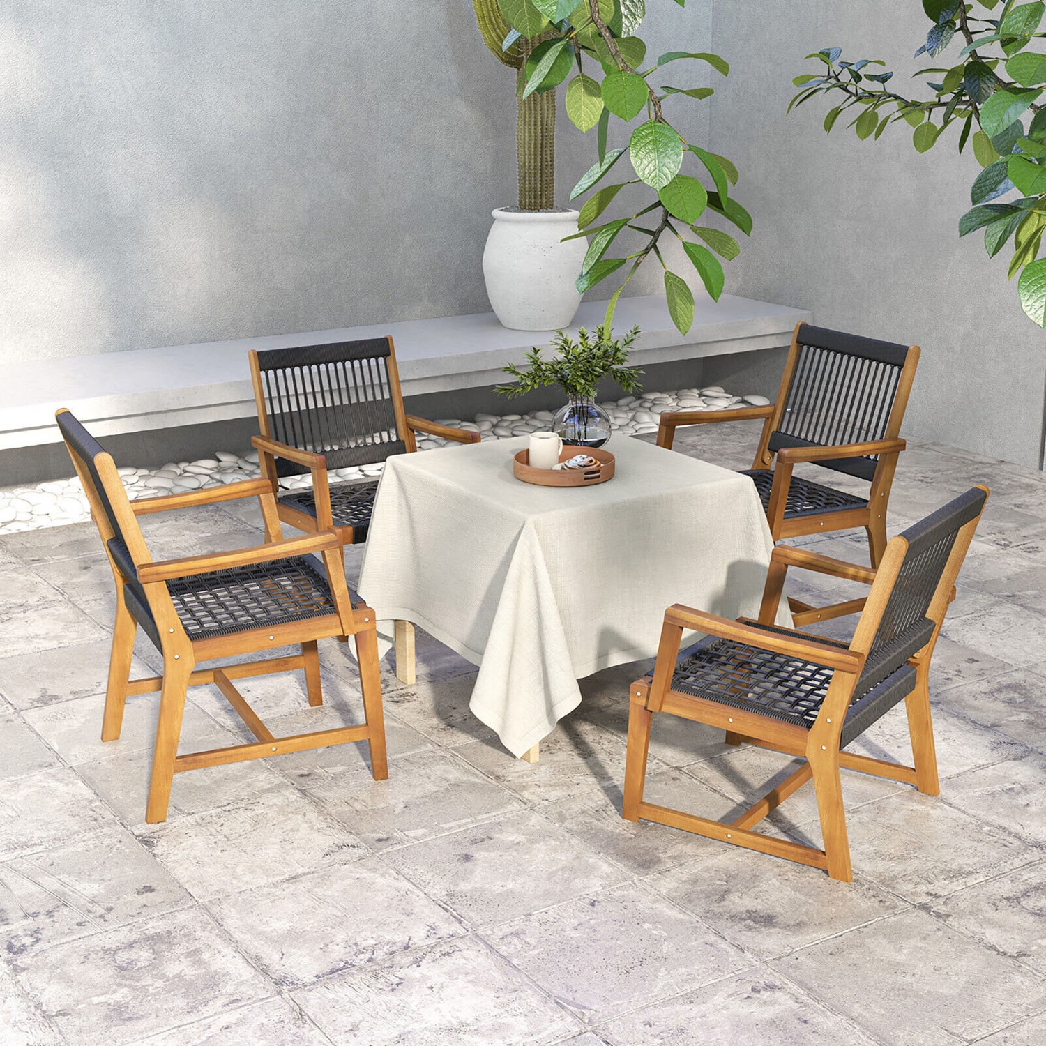 Gymax Patio 4PCS Acacia Wood Dining Chairs All-Weather Rope Woven Armchairs Outdoor