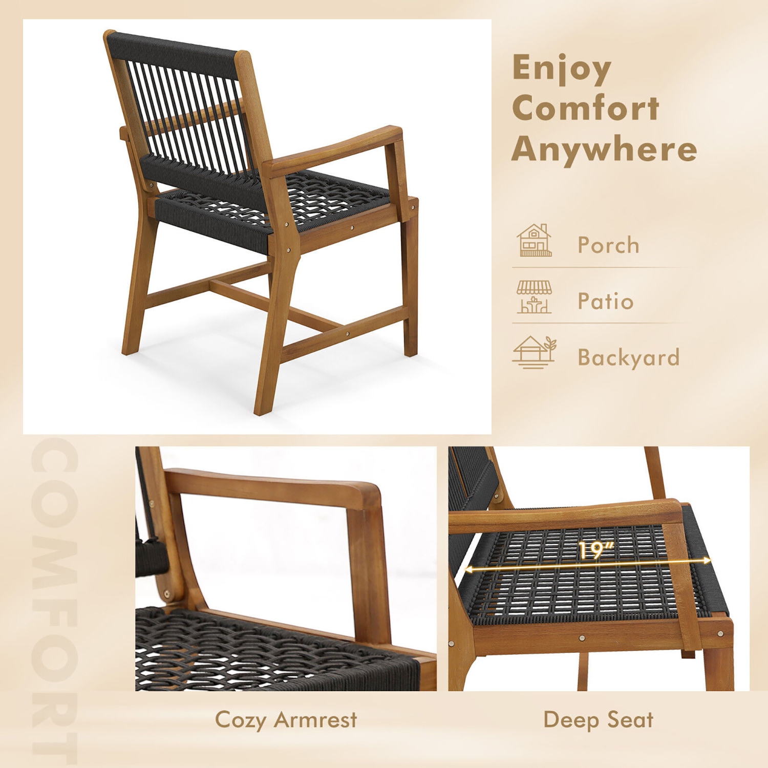 Gymax Patio 4PCS Acacia Wood Dining Chairs All-Weather Rope Woven Armchairs Outdoor