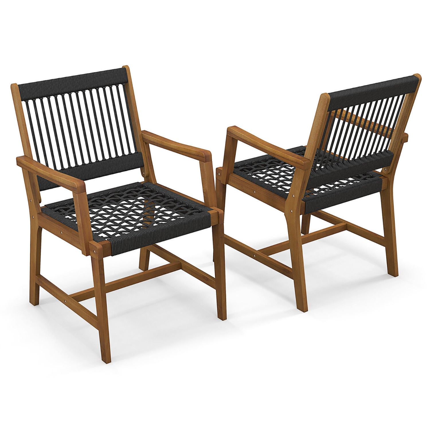 Gymax Patio 4PCS Acacia Wood Dining Chairs All-Weather Rope Woven Armchairs Outdoor