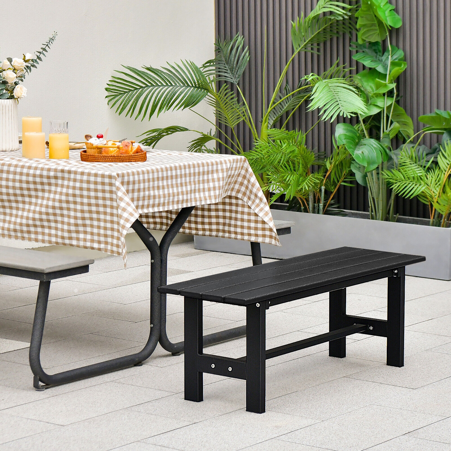 Gymax Outdoor HDPE Bench w/ Metal Frame 47'' x 14'' x 16'' for Yard Garden