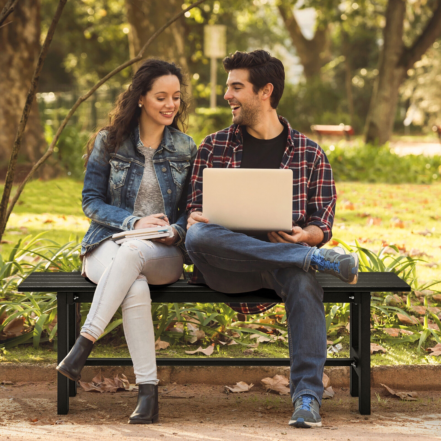 Gymax Outdoor HDPE Bench w/ Metal Frame 47'' x 14'' x 16'' for Yard Garden