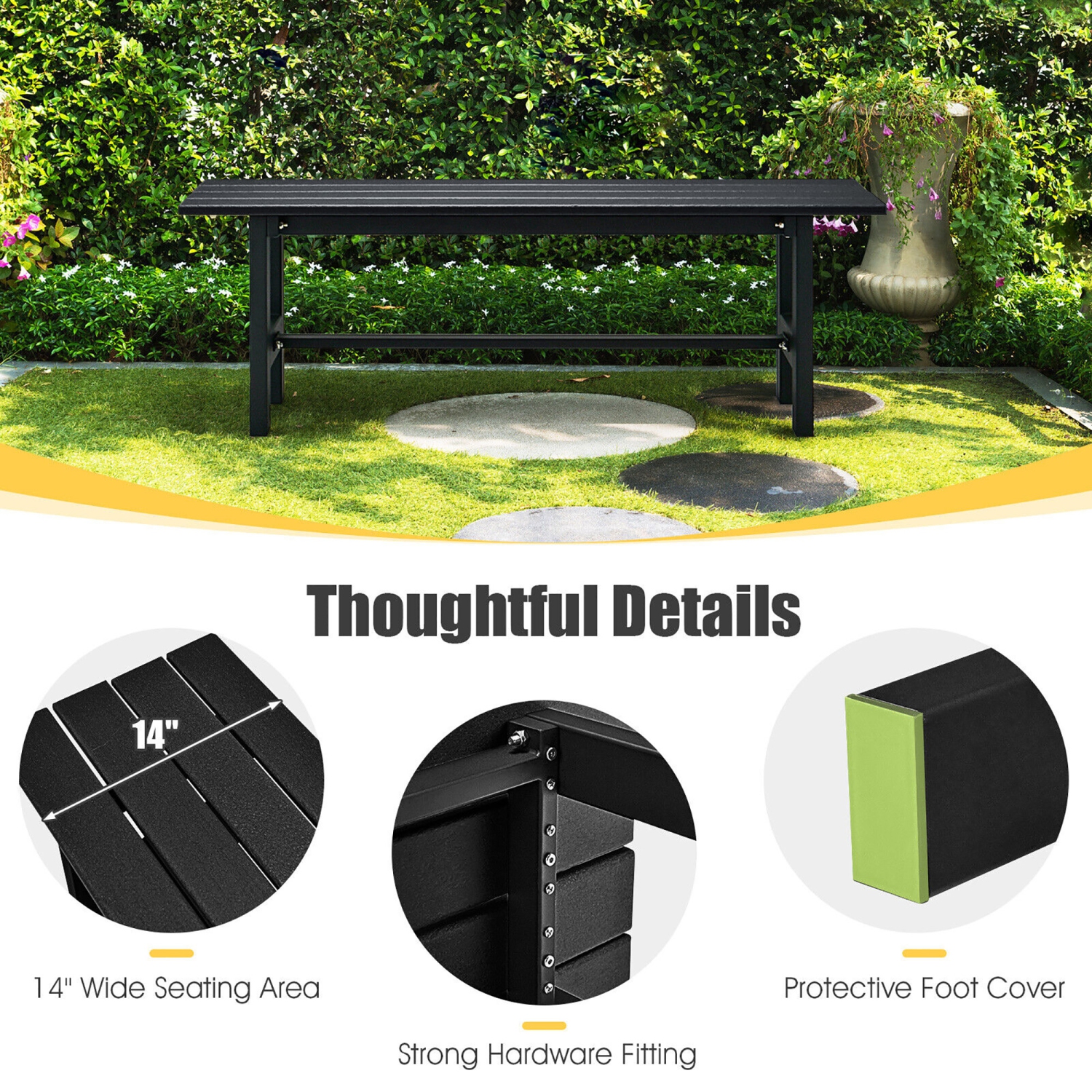 Gymax Outdoor HDPE Bench w/ Metal Frame 47'' x 14'' x 16'' for Yard Garden